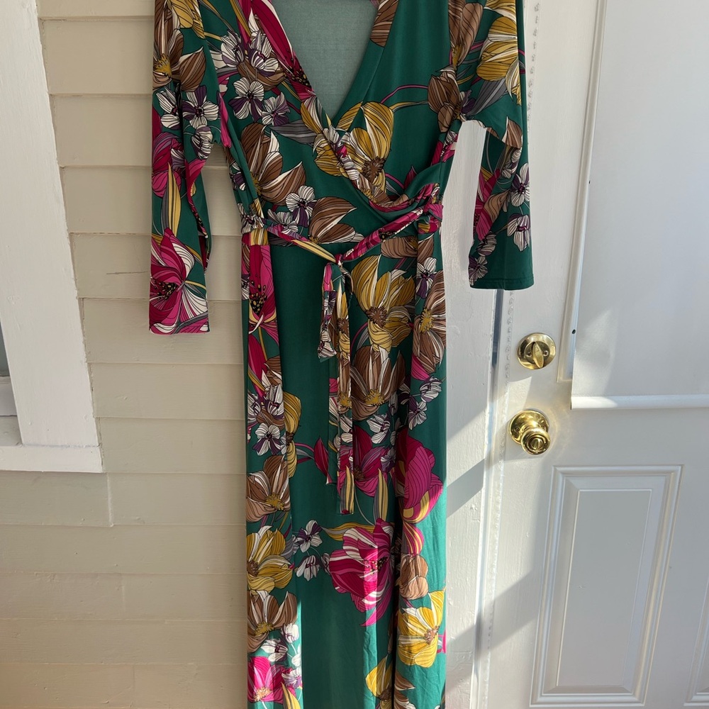 Long sleeve maxi maternity Floral Wrap Dress in Green and Pink